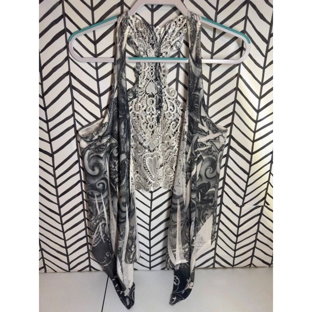 Vintage White Gray Sublimation Print Asymmetrical Sleeveless Cardigan OS 7133